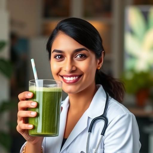 Anya Sharma, Registered Dietitian, wearing a lab coat and holding a green smoothie.