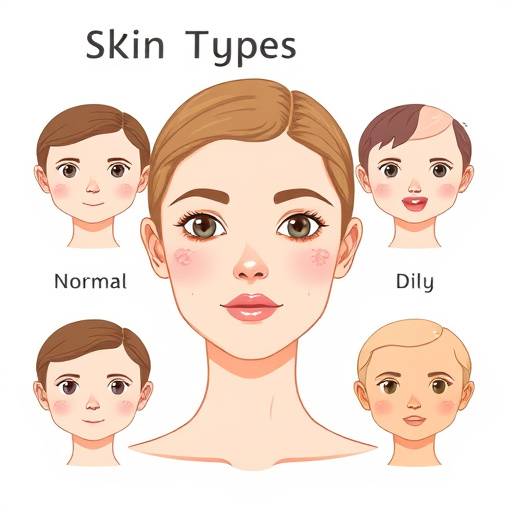 Illustration of different skin types: normal, oily, dry, combination, and sensitive