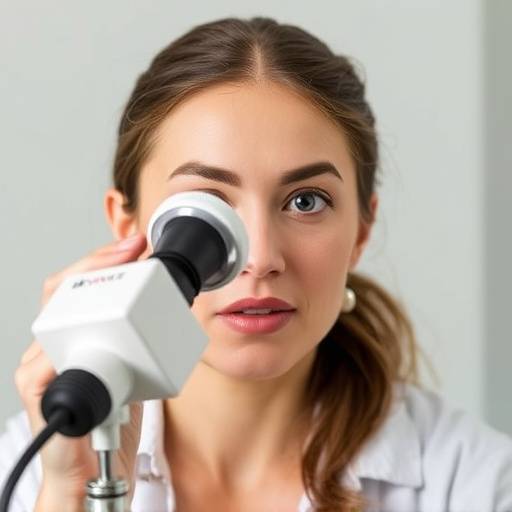Olivia Bennett, Skincare Specialist, examining a client's skin with a magnifying glass.