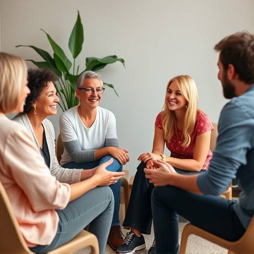People laughing and connecting in a group therapy session.