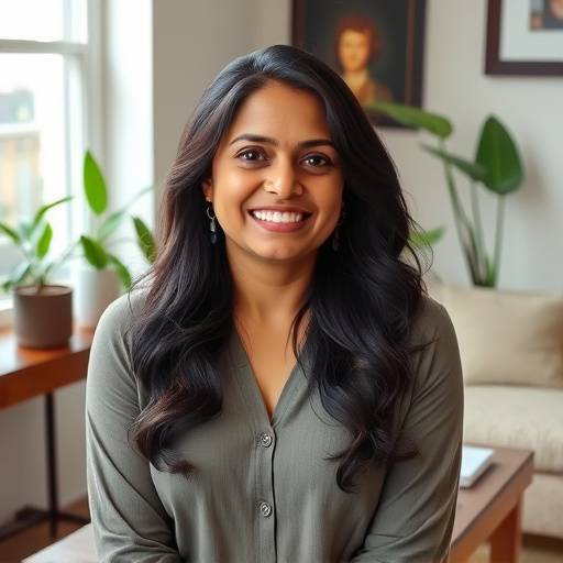 Priya Patel, Licensed Therapist, sitting in a comfortable chair in her office.
